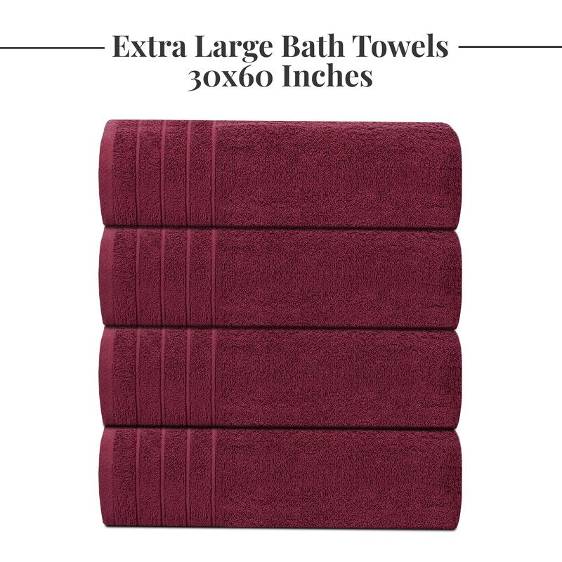 Tens Towels Pack of 4 Extra Large Bath Towels 30 x 60 Inches, 100% Cotton, Larger & Lighter Weight, Quicker to Dry, Super Soft and Absorbent, Perfect for Bathroom, Burgundy
