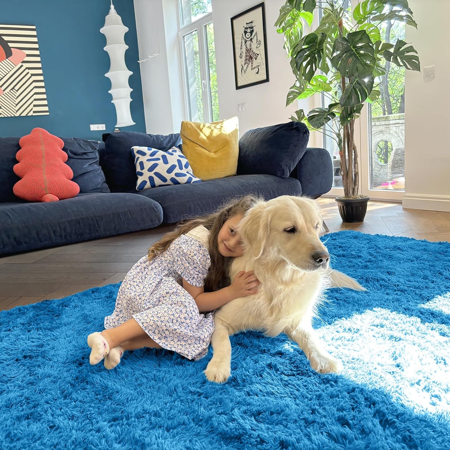 OLANLY Large 5x7 Machine Washable Area Rug - Soft Fluffy Shaggy Carpet for Living Room & Bedroom | Bright Blue
