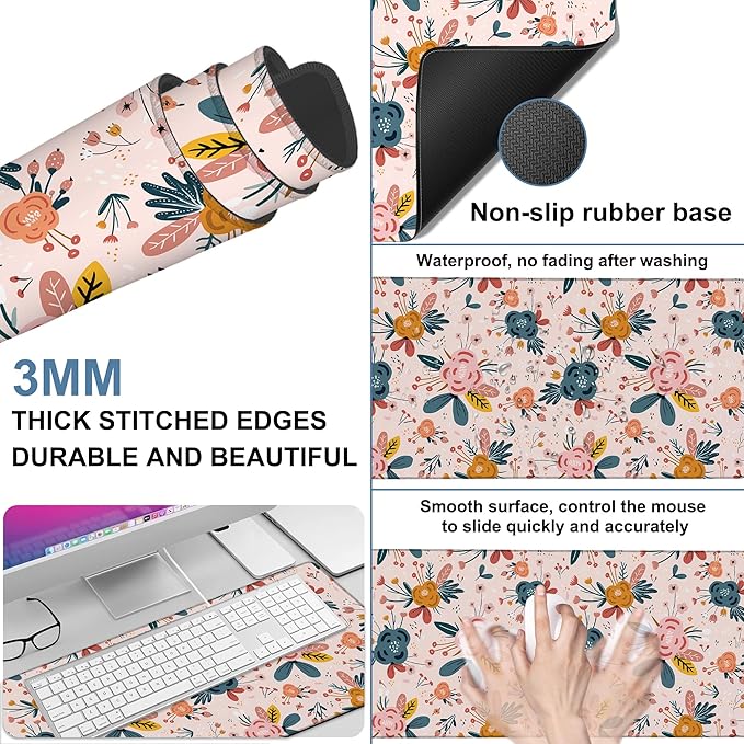 NITAHHHY Gaming Desk Pad Large Extra Length Hand Drawn Floral Mouse Pad Keyboard Laptop Non-Slip Waterproof with Rubber Base Thick Stitched Edge Mouse Mat for Office Home 35.4 x 15.7 Inches