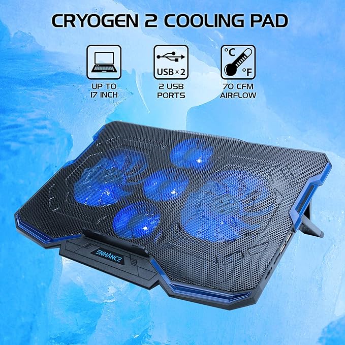 ENHANCE Cryogen Gaming Laptop Cooling Pad - Fits 17 in Computer- Adjustable Laptop Cooling Stand with 5 Quiet Cooler Fans, 2 USB Ports and LED Lighting - Slim Portable Design 2500 RPM (Blue)