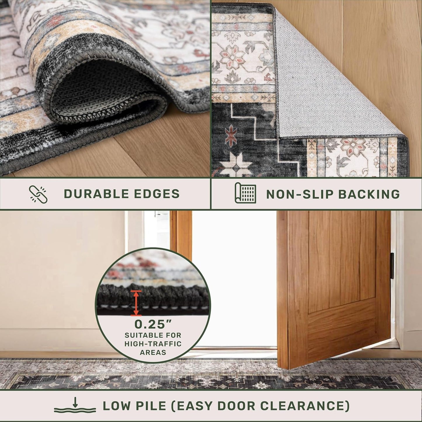 Skiennix Black Boho Runner Rug - Washable, Non-Slip, Stain Resistant | 2x6 ft for Hallway, Kitchen, Bedroom