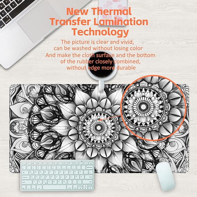 KOAIWPAE Large Gaming Mouse Pad for Desk, Black and White Mandala Desk Mat, Mandala Flower Desk Pad, 31.5"x15.7" Extended Big Computer Keyboard Mouse Pad with Non-Slip Base and Stitched Edge