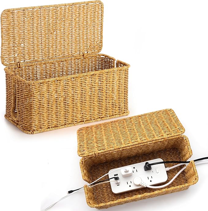 ZhiYo Rattan Cable Management Box, Cord Organizer, Nature, 13.5"x6.2"x6"