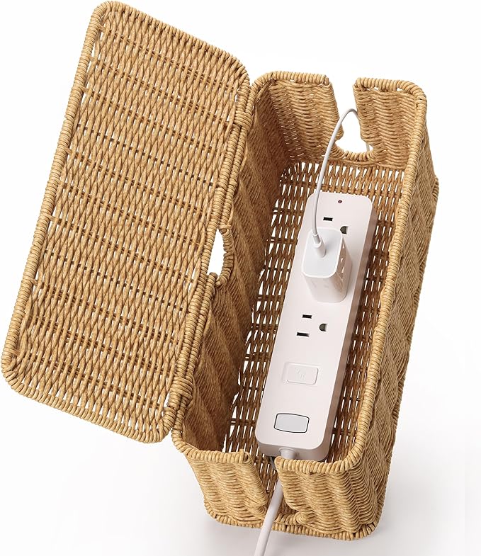 ZhiYo Rattan Cable Management Box, Brown Cord Organizer, 12.5" x 5" x 5.2"