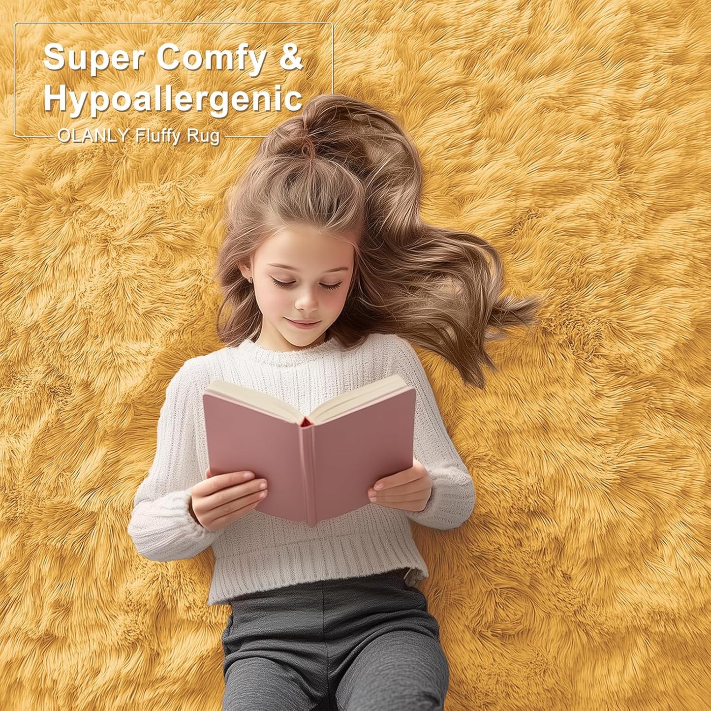 OLANLY Area Rugs - Soft Fluffy Shaggy Indoor Carpet for Living Room & Bedroom | 4x5.9 ft Mustard Yellow