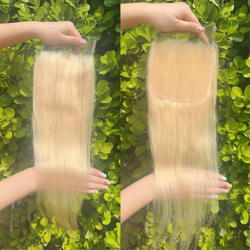 5x5 613 Closure Hd Transparent Lace 12A Grade Blonde Human Hair Pre Plucked With Baby Hair Brazilian Virgin Straight Hair Invisible Lace Frontal Closure Free Part 14 Inch