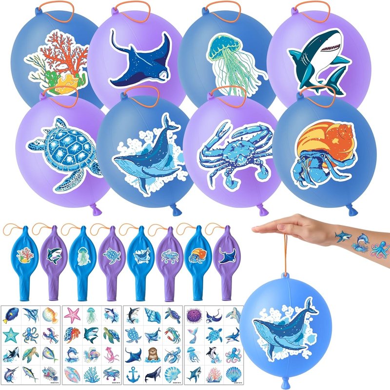 Ocean Party Favors for Kids - 72 PCS with 48 Pre-Cut Temporary Tattoos & 24 Punch Balloons | Birthday Decorations & Goodie Bag Fillers