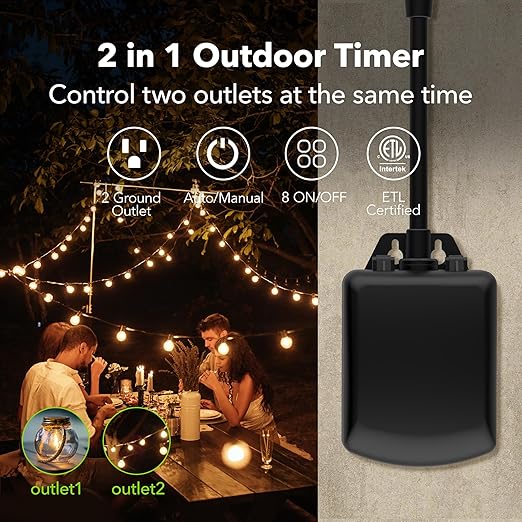 BN-LINK 7 Day Outdoor Heavy Duty Digital Programmable Timer, Outdoor Timer Outlet Waterproof, 2 Grounded Electrical Outlets for Christmas Lights, 15A 1/2HP,ETL Listed（2 Pack）