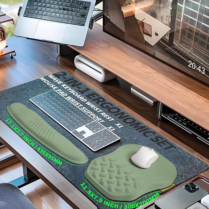 Gleamtide 2-in-1 Ergonomic Set, Wave Keyboard Wrist Rest and Massage Slope Mouse Pad Wrist Support, Rebound Memory Foam for Relieve Carpal Tunnel Syndrome and Wrist Pain (Olive Green)