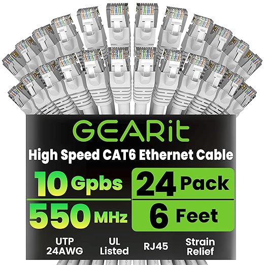 GEARit Cat 6 Ethernet Patch Cables 6 ft White (Cat 6 Ethernet Cables 6 ft 24-Pack), High Speed 24AWG 10Gbps RJ45 Snagless Gold-Plated, Ethernet Cable for Router, Switch, PC, PS5 Gaming, Server