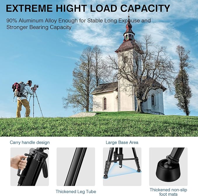 Tripod for Camera and Phone, 72" Tall Camera Tripod Monopod with Remote, Professional Heavy Duty Compact Camera Stand for iPhone, DSLR, Spotting Scope, Telescope, Binocular