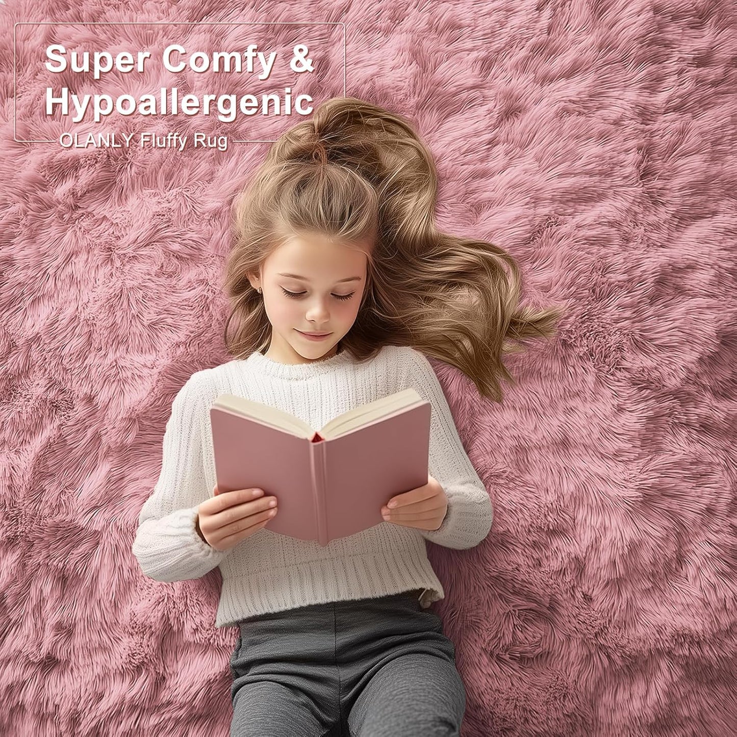 OLANLY Large Area Rug - Soft Fluffy Shaggy Carpet for Living Room & Bedroom | 5x8 Pale Pink