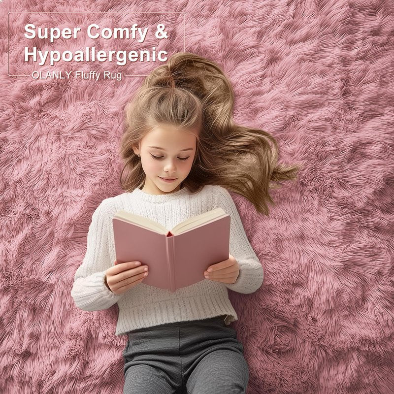 OLANLY 6x9 Machine Washable Large Area Rugs for Living Room, Bedroom, Soft Fluffy Shaggy Bedside Rug, Indoor Floor Carpet for Kids Girls and Boys, Dorms, Nursery, Home Decor Aesthetic, Pale Pink