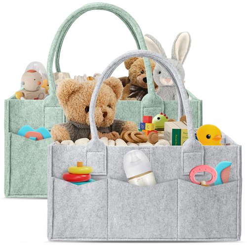HIPHOP PANDA 2-Pack Diaper Caddy Organizer - Nursery Storage Bin & Car Organizer for Diapers, Wipes, and Baby Essentials - Dual-Color Solid Set (Grey/Green), Regular Size