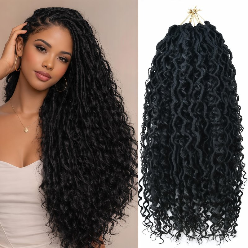 8 Packs Goddess Locs Crochet Hair for Black Women, 18 Inch Human Hair Mix Synthetic Pre-looped Boho Faux Locs with Curly Ends Long River Crochet Hair for Black Women Hair Extensions(1B,18 Inch)