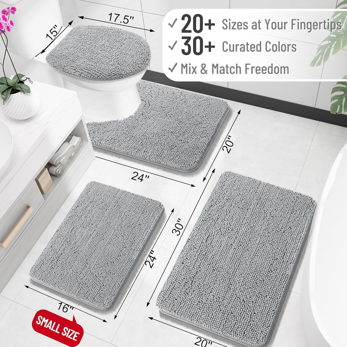 OLANLY Bathroom Rugs - Extra Soft Chenille Bath Mats with Rubber Backing | 30x18, Light Grey, Quick Dry