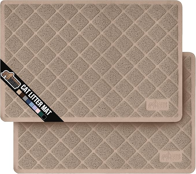 GORILLA GRIP Cat Litter Box Mat, Water Resistant, US Designed Kitty Litter Trapping Mats, Easy to Clean, Scatter Control, Less Mess and Clean Floors, Kitten Supplies for Indoor Cats 24x17 Beige 2 Pack