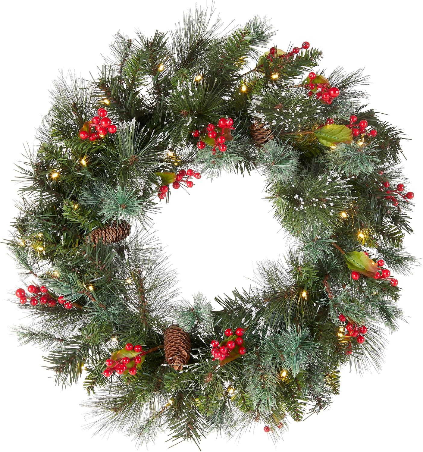 National Tree Company 24-Inch Pre-Lit Wintry Pine Flocked Christmas Wreath | LED Lights, Pinecones & Berries